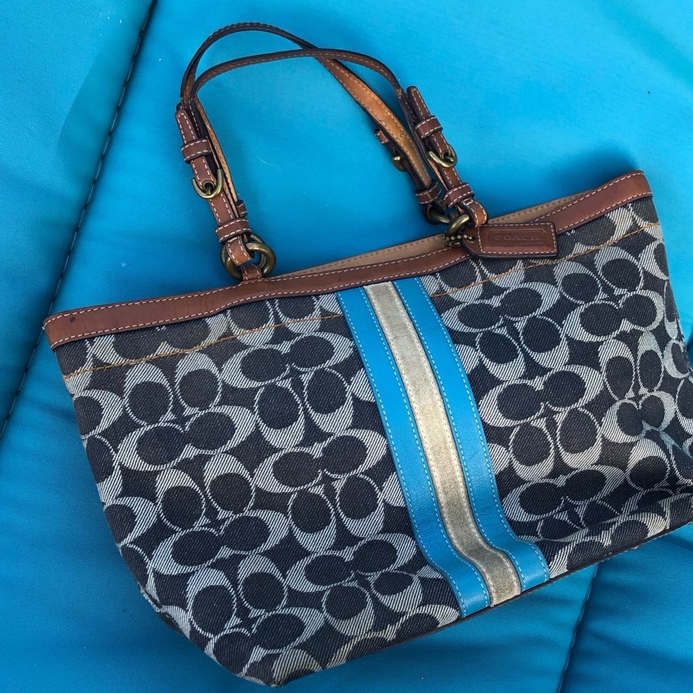 COACH Handbag with Blue and White Leather Stripe - Tiny
